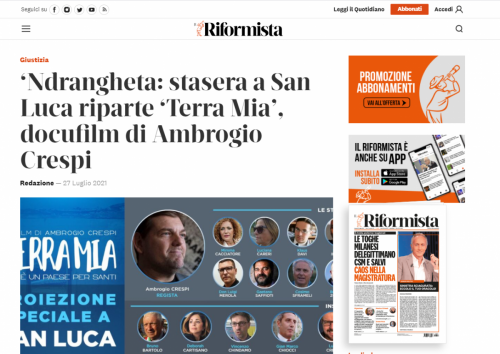 Il Riformista - ‘Ndrangheta: stasera a San Luca riparte ‘Terra Mia’, docufilm di Ambrogio Crespi