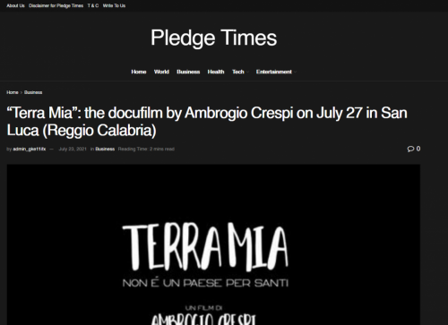 Pledge Times - “Terra Mia”: the docufilm by Ambrogio Crespi on July 27 in San Luca (Reggio Calabria)