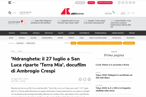 Adnkronos - 'Ndrangheta: il 27 luglio a San Luca riparte 'Terra Mia', docufilm di Ambrogio Crespi