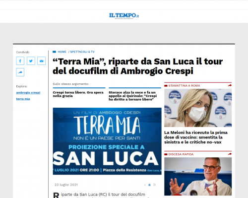 IlTempo.it - “Terra Mia”, riparte da San Luca il tour del docufilm di Ambrogio Crespi